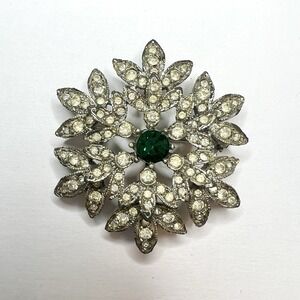 Vintage Sarah Coventry Rhinestone Brooch Pendant Green Crystal Silver Tone